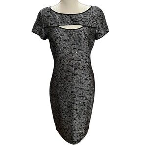 ST. JOHN Black White Knit Cut Out Dress Gold Sequins Size 4